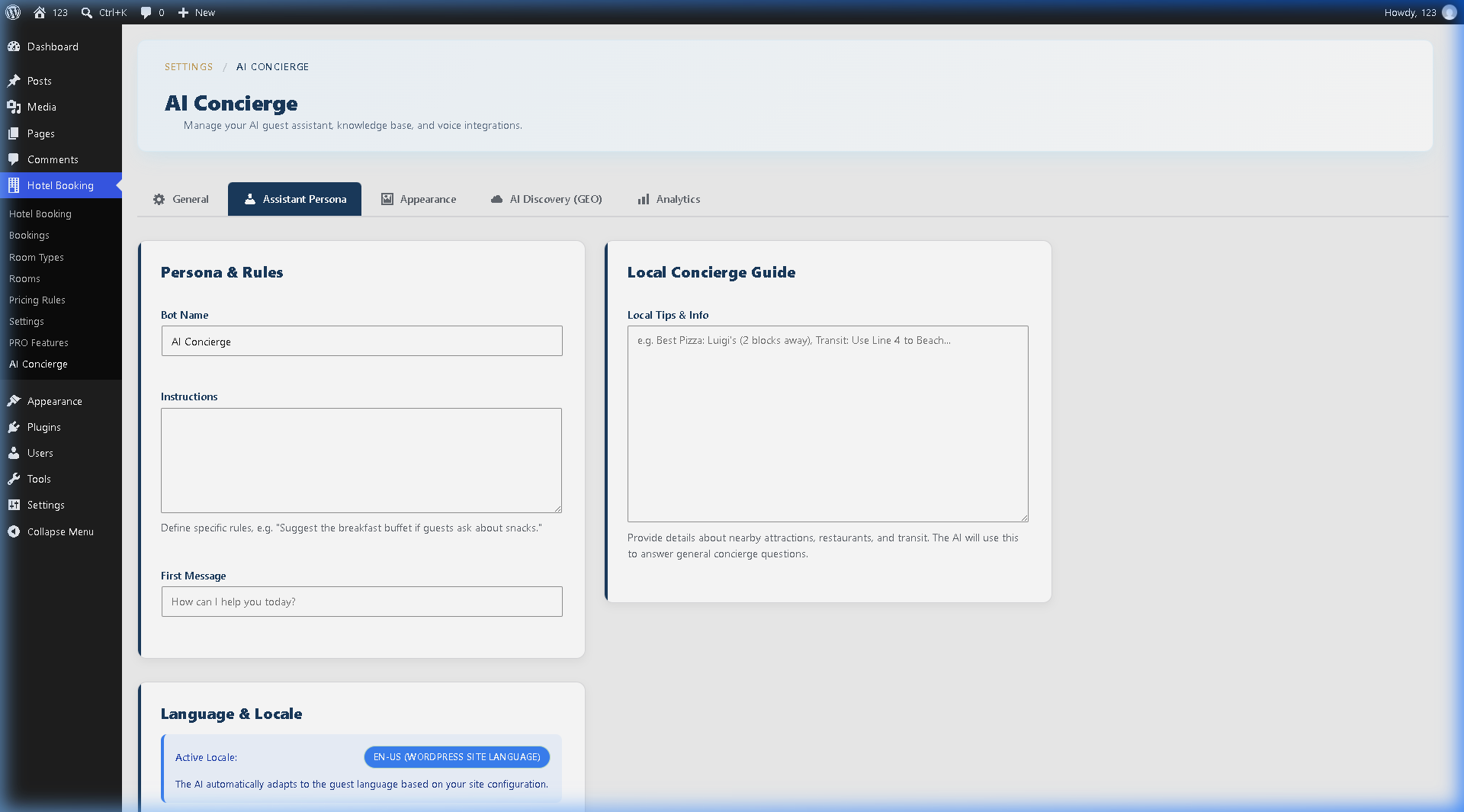AI Concierge answering guest questions in WordPress hotel booking plugin
