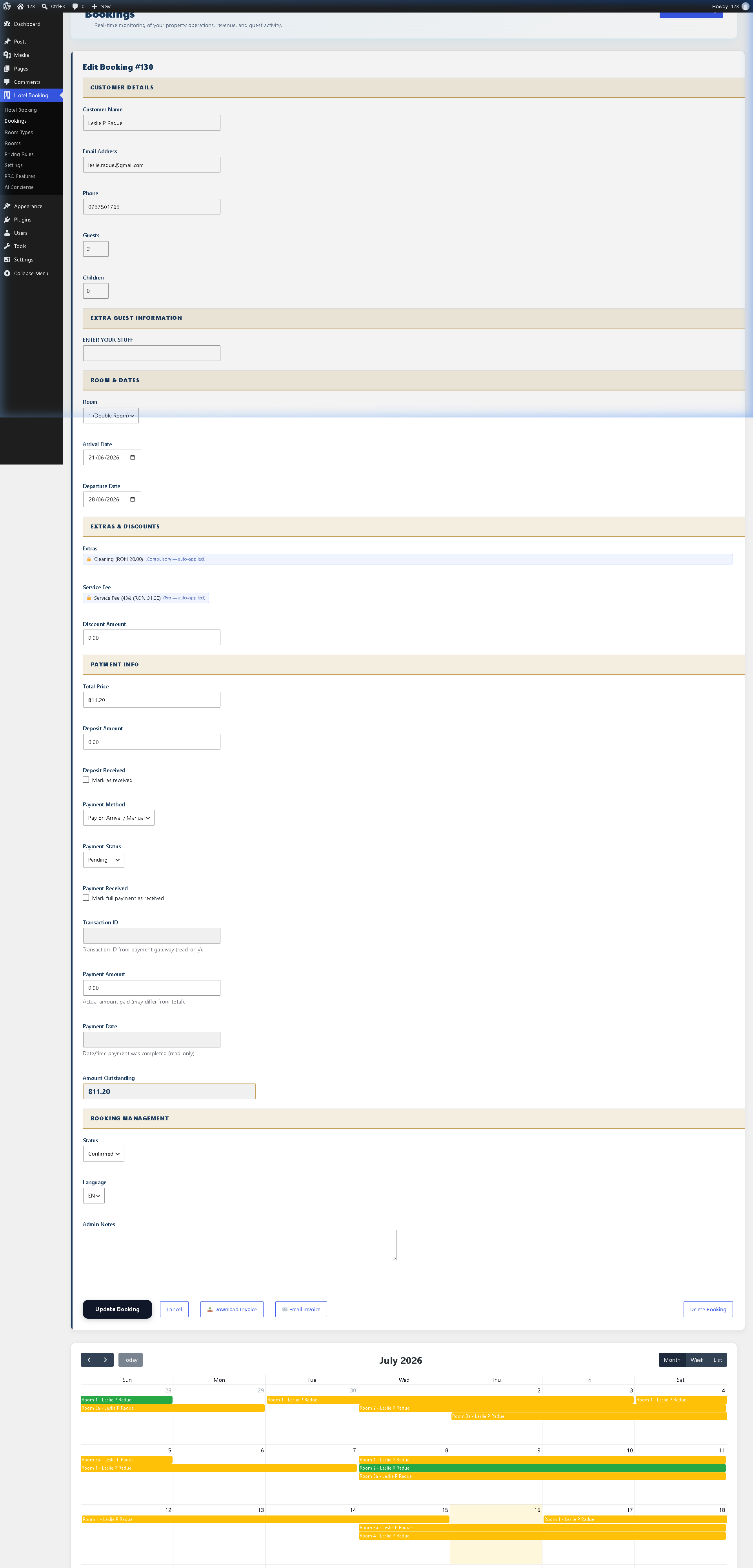 Manage guest reservations inside WordPress hotel booking editor