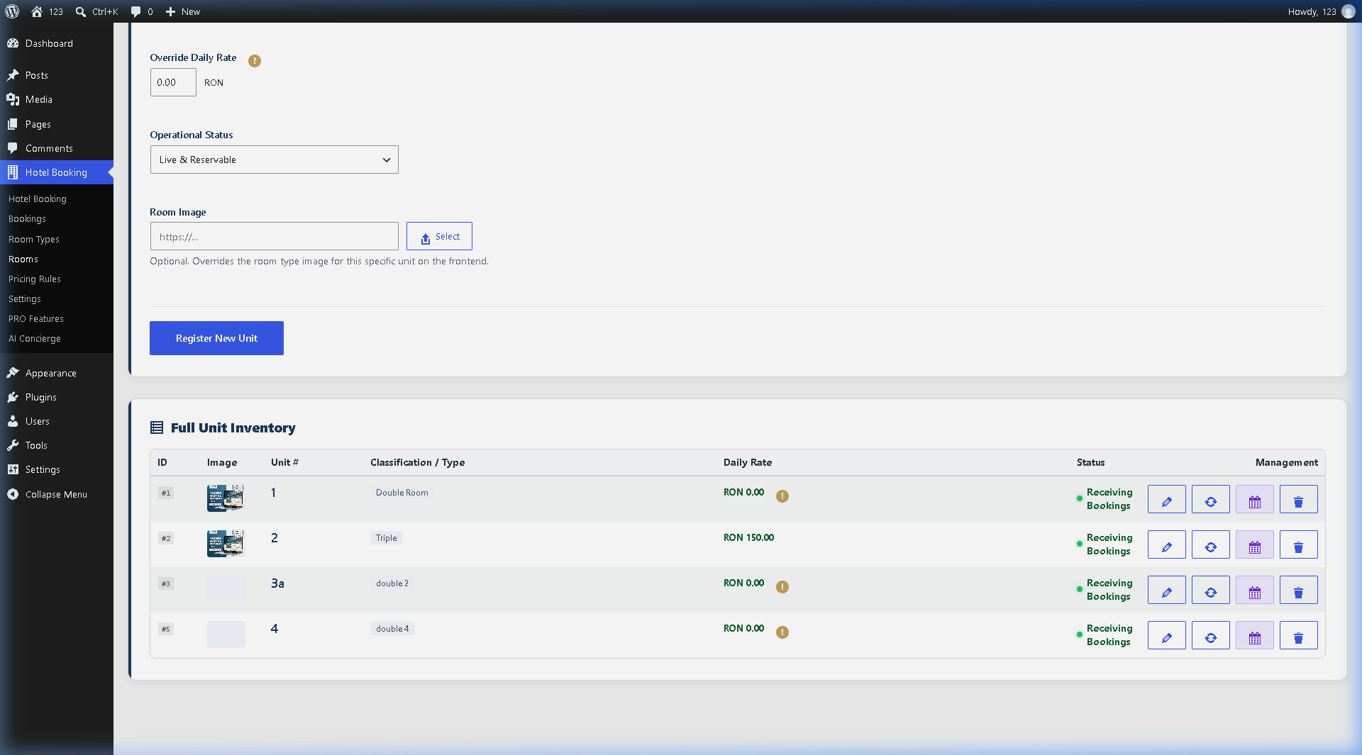WordPress hotel booking plugin admin dashboard