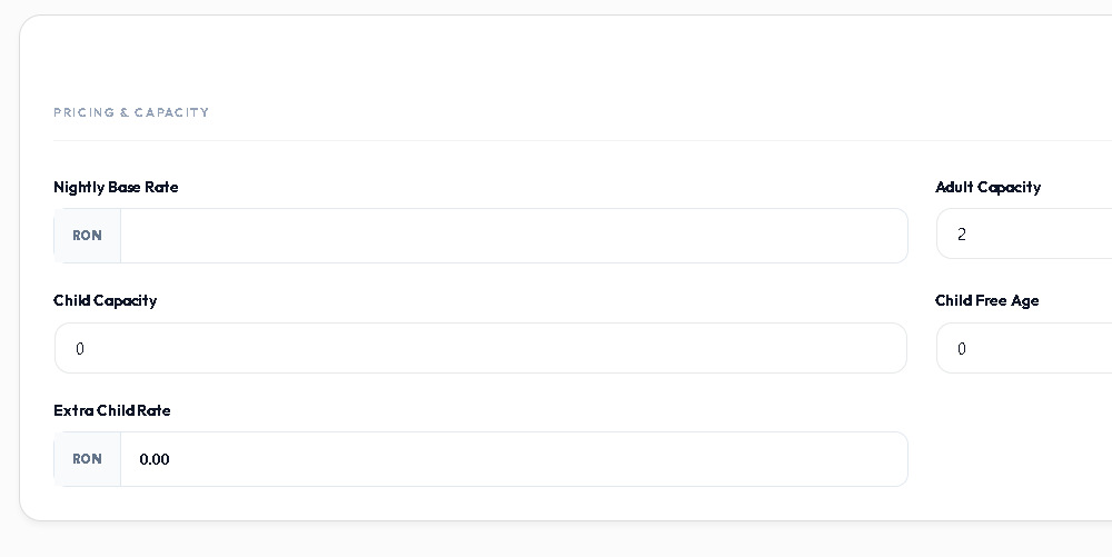 Children pricing hotel booking WordPress — Modern Hotel Booking Pro room type Pricing and Capacity settings showing Child Capacity, Child Free Age and Extra Child Rate fields