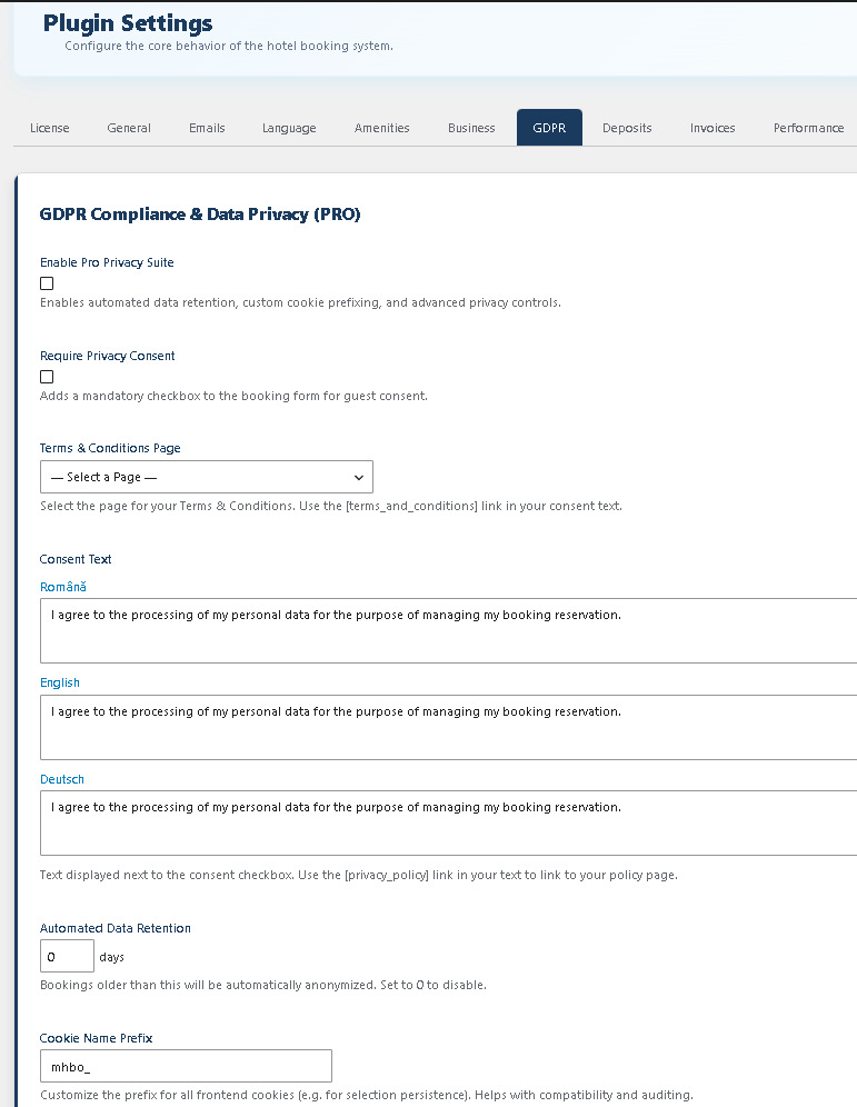GDPR hotel booking WordPress — Modern Hotel Booking Pro privacy and GDPR settings panel showing consent checkbox and PII erasure tools