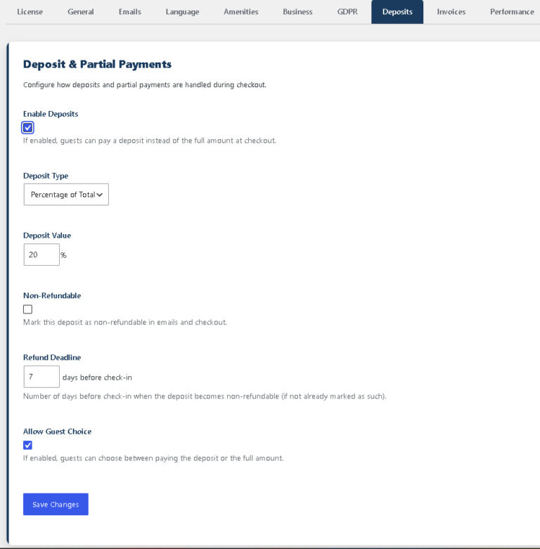Partial deposit hotel booking settings panel in Modern Hotel Booking Pro showing first night rate, percentage and fixed amount deposit options