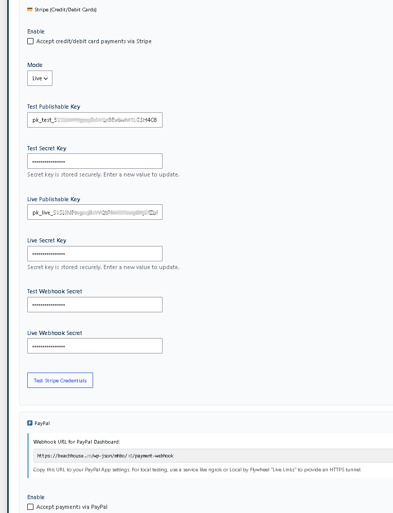 Hotel payment setup without WooCommerce — Modern Hotel Booking WP plugin payment settings showing Stripe PayPal bank transfer and Revolut options
