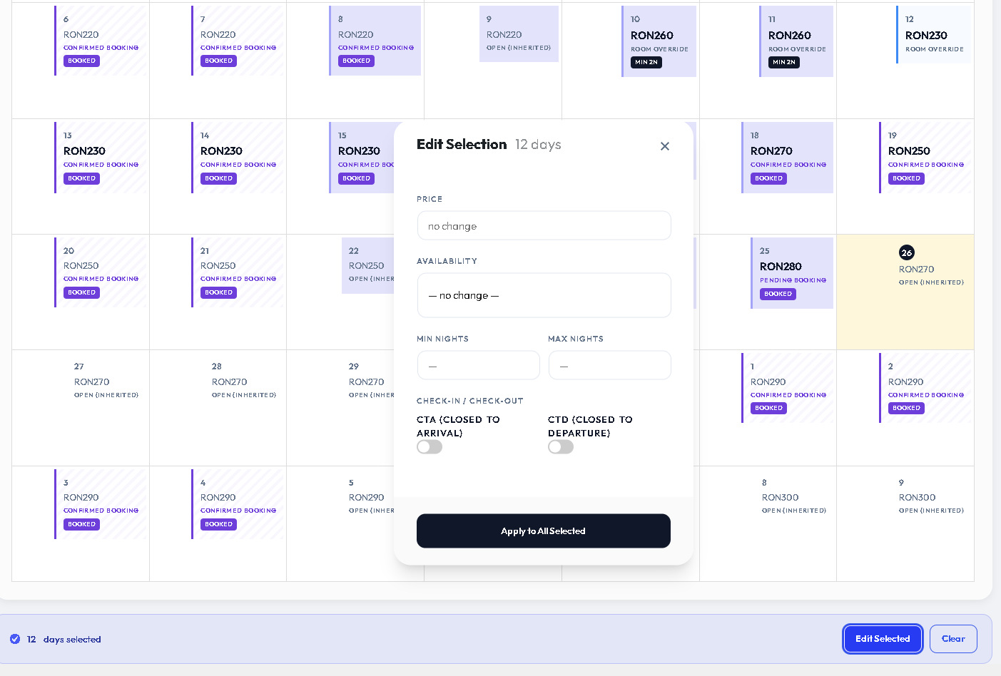 Bulk edit hotel room availability WordPress — Modern Hotel Booking Admin Grid editor showing date blocking and pricing override interface