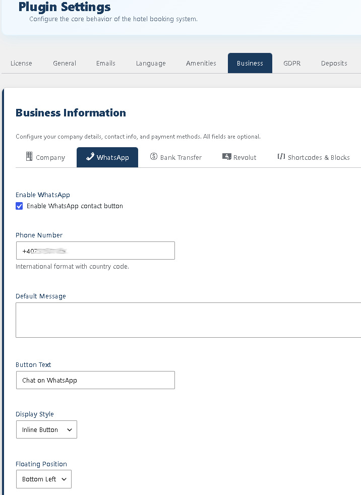 WhatsApp hotel booking button WordPress — Hotel WhatsApp Chat Gutenberg block settings showing phone number and pre-filled message configuration