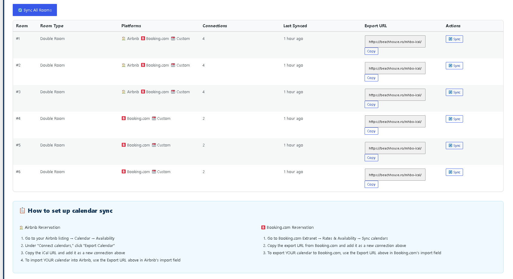 WordPress hotel calendar sync — Modern Hotel Booking iCal sync panel showing export and import URLs for Airbnb Booking.com and VRBO