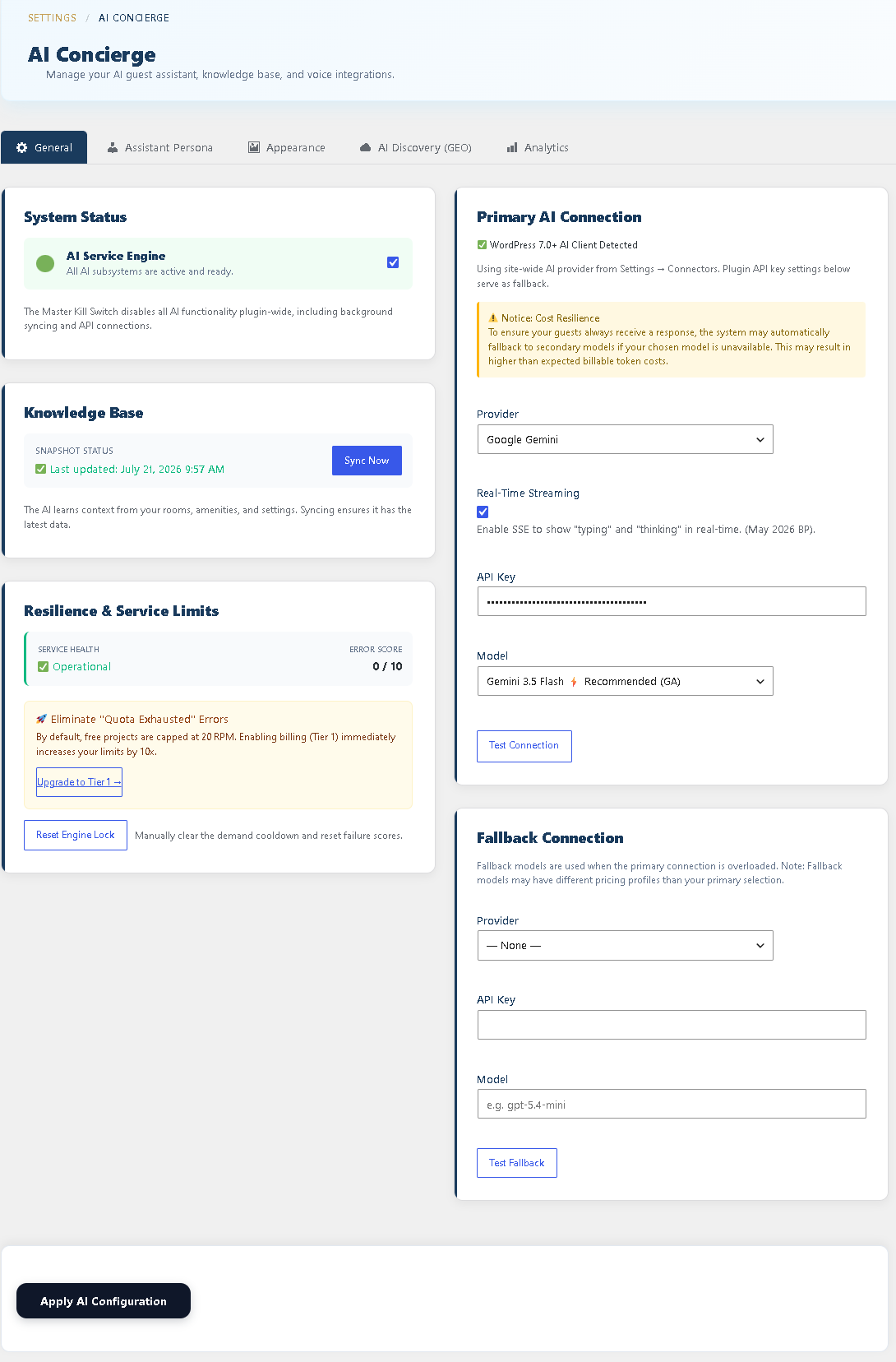 AI hotel concierge setup screen in the WordPress hotel booking plugin showing Google Gemini API key configuration