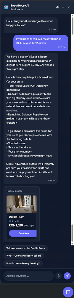 AI hotel concierge chat widget on a WordPress hotel website answering guest questions about rooms and pricing