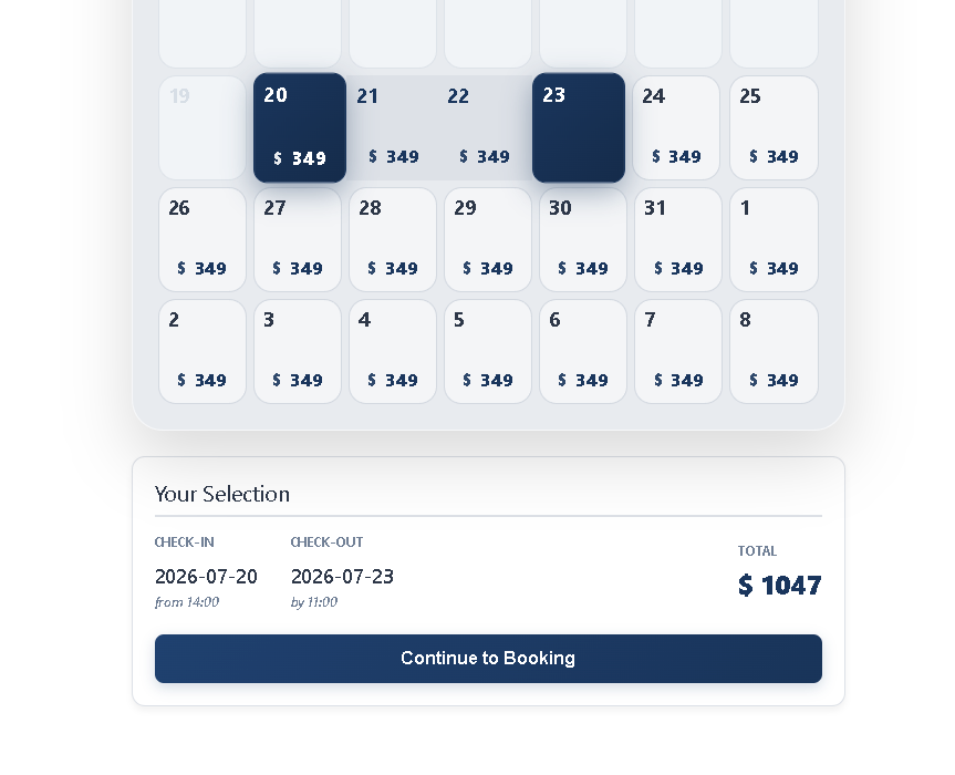 Direct hotel bookings calendar on a WordPress website showing real-time room availability and seasonal pricing