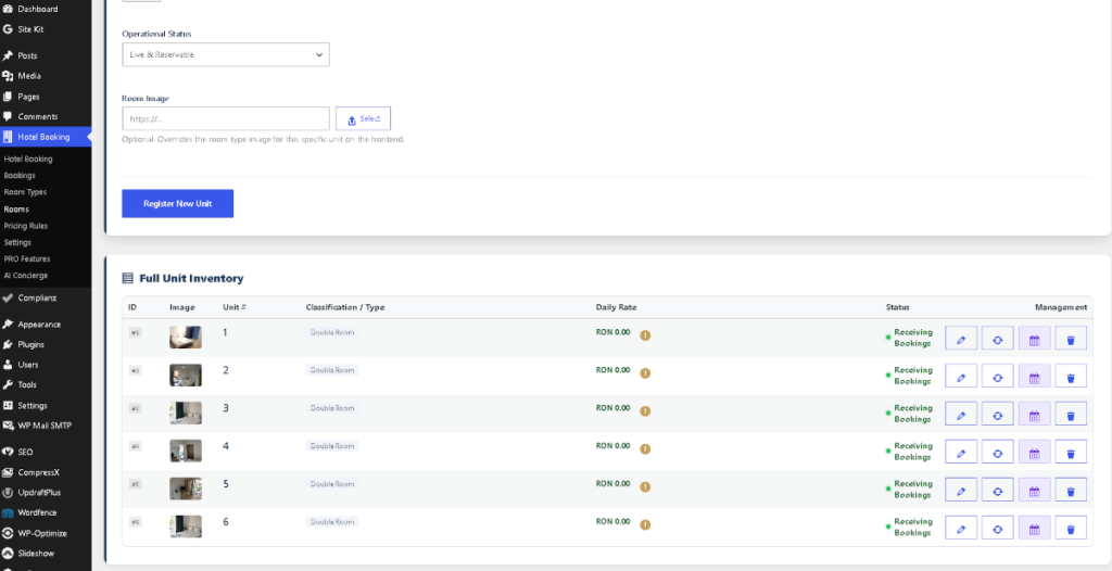 Modern Hotel Booking plugin dashboard showing the booking calendar and room management interface
