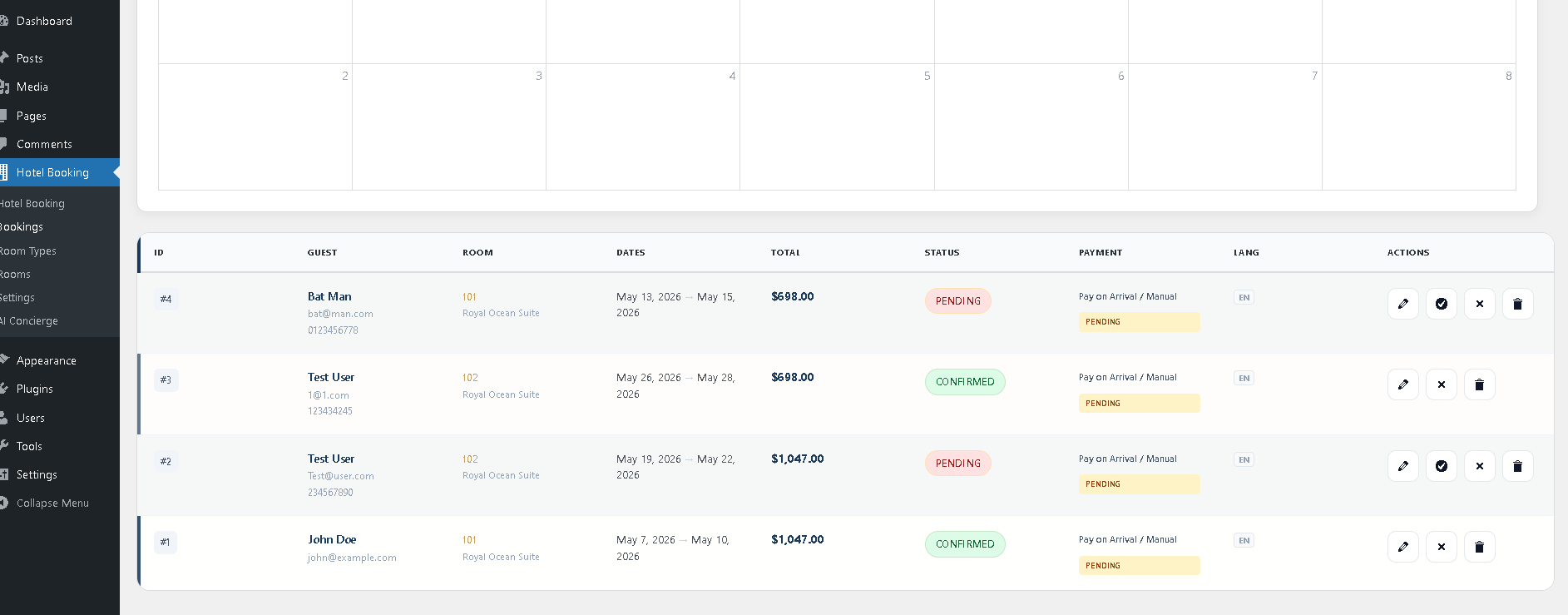 WordPress hotel booking plugin features dashboard showing AI Concierge, booking calendar and revenue analytics